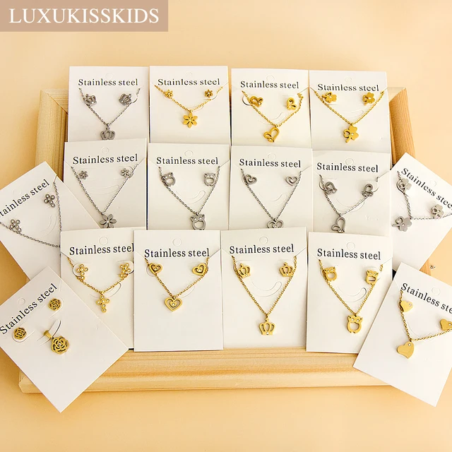 LUXUKISSKIDS-مجموعة مجوهرات أنيقة على شكل قلب للنساء ، قلادة من الصلب وأقراط ، تاج الزفاف الهندي ، بالجملة بالجملة 1