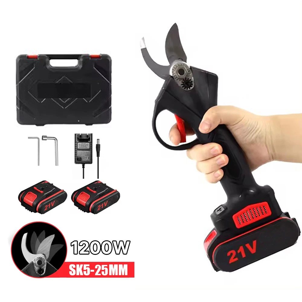 Cordless electric pruner displayed from the side showing blade and handle