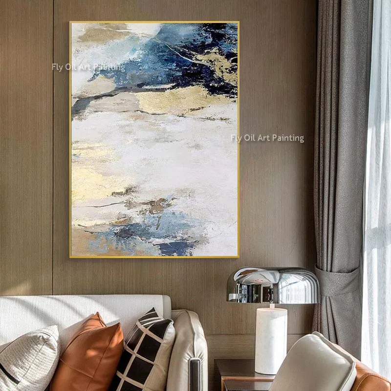 

Handmade Original Blue Gold Oil Painting Abstract Navy Gold Abstract Art Blue White Brown Canvas Wall Art Decor For Home As Gift