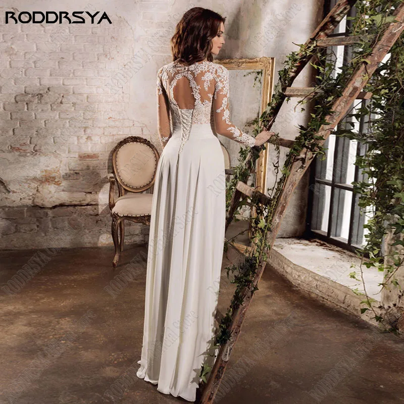 RODDRSYA Brautkleid Chiffon Seite Split Langarm Applikationen Lace Up Brautkleider Für BrautRoddrsya Brautkleid Chiffon Seite geteilt Langarm Applikationen schnüren Brautkleider für Braut rücken freie Vestidos de Novia