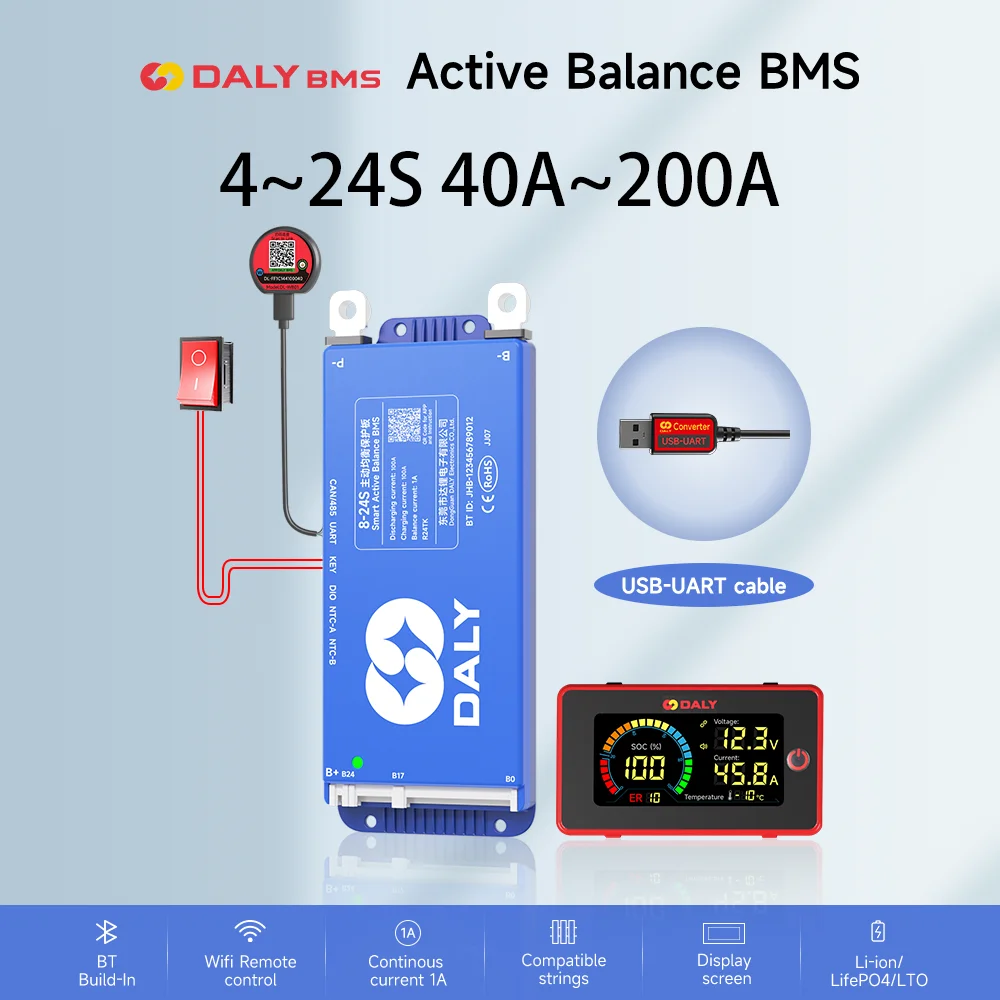 DALY BMS Active Balance 1A 100A 150A 40A 60A 12V 24V 48V 200A pour 4S 8S 16S LiFePo4 BMS avec écran LCD 3.0 pouces RS485 UART WIFI KEY