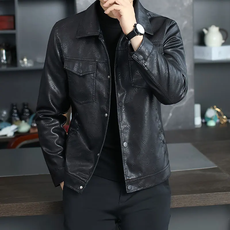 

New Autumn Black Motorcycle Leather Jacket Men Print Casual Faux Leather Coats Slim Fit Biker Jackets Men Short Outwear