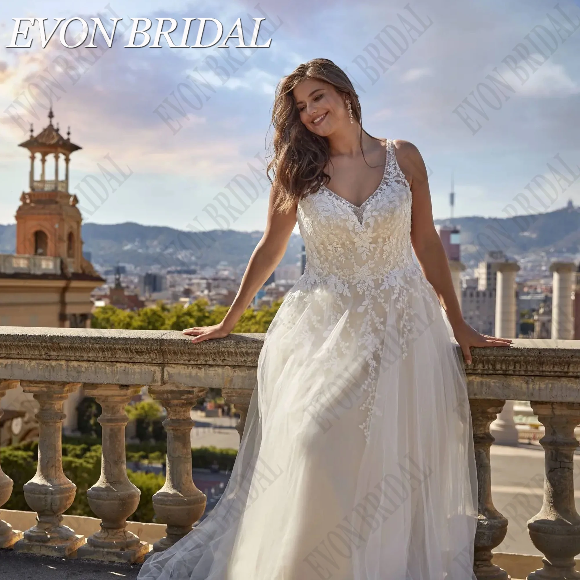 EVON BRIDAL Oversize Wedding Dresses 2024 Bride Sleeveless A-Line V-Neck Tulle Boho Vestidos De Novia Applique Button Back 6