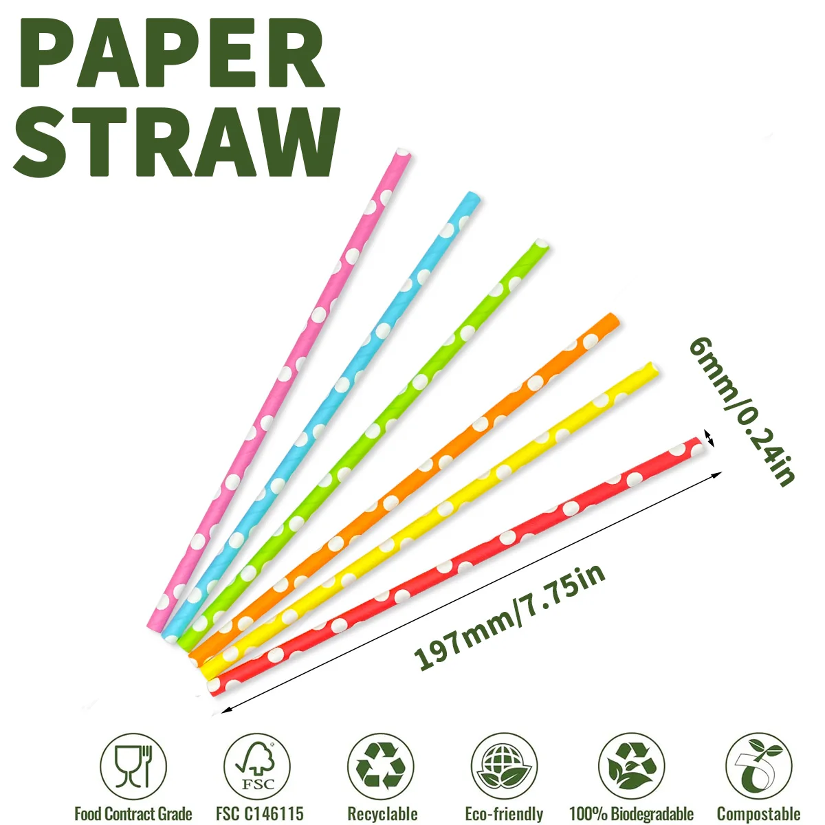 100pcs Biodegradable Straight Paper Straws Rainbow Polka Dot Milk Coffee Bubble Tea Straws Party Birthday Wedding Supplies 6mm