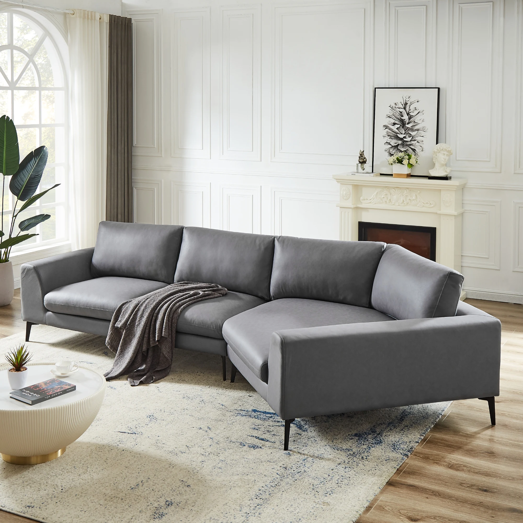 

141.5"Air Leather Right-Arm Facing Cuddler Sectional Sofa W/Metal Legs Huge Corner Wedge Design Modern English Arm Sofa Grey