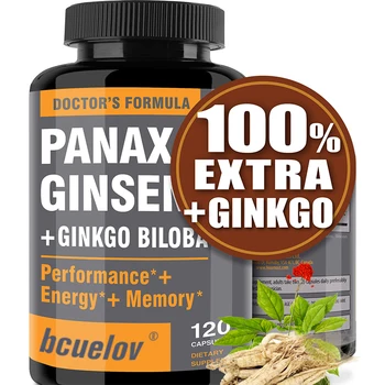 Korean Red Ginseng + Ginkgo, 120 Vegetarian Capsules, Ginseng Root Extract Powder 1000 mg + Ginkgo 60 mg, Supports Energy and Fo