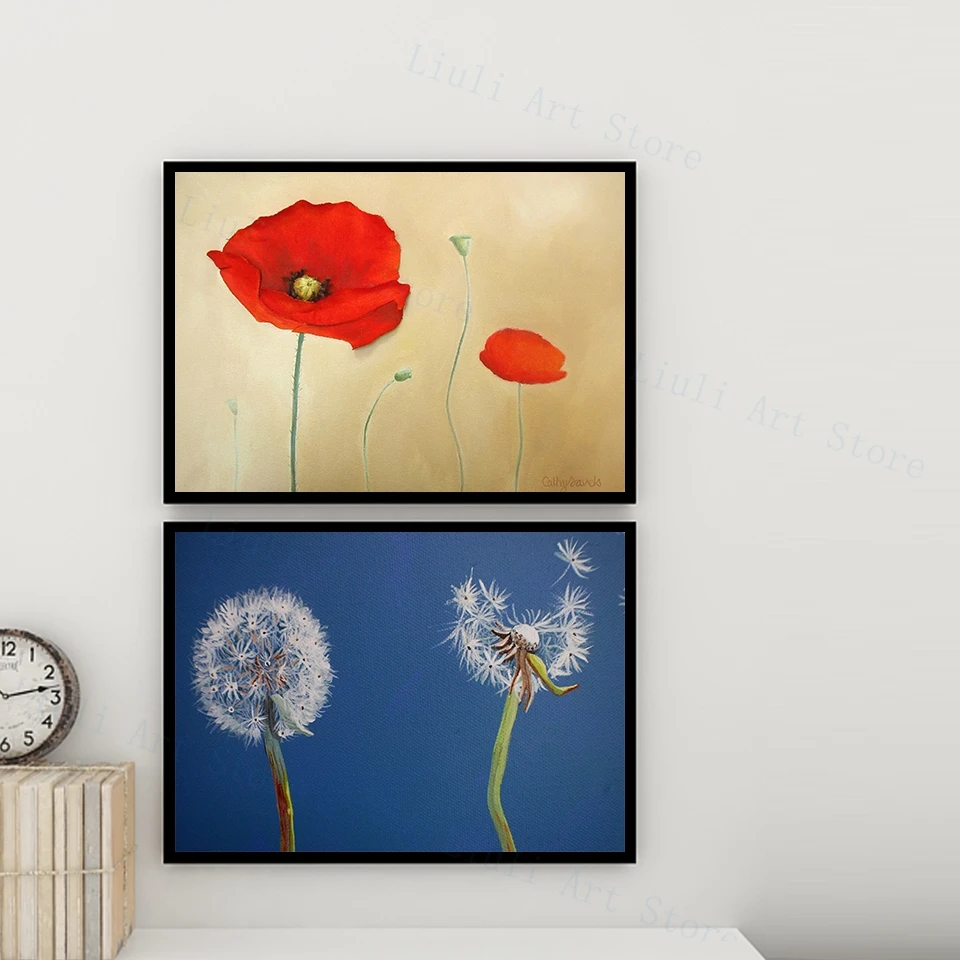 Red Poppy Field Flower Texture 3D Poster Wall Art Dente Di Leone Seed Head Blow Ball Piccola Tela Acrilica Pittura Nordic Home Decor