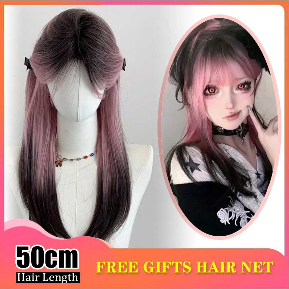 Long Wavy Ombre Pink Synthetic Wigs with Bangs Wig Dark Roots Party Daily Hair Heat Resistant Fiber Soft Colorful Wig