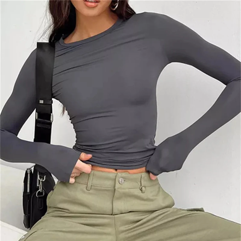 Solid Slim Fit Casual Women Long Sleeve T Shirt Spring Autumn Y2k Streetwear Crop Pullover Top Female O Neck Pullovers Basic Tee 4