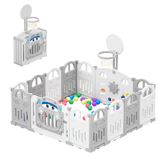 UBRAVOO Foldable Baby Playpen with Basketball Hoop & 50Pcs Coloured Pit