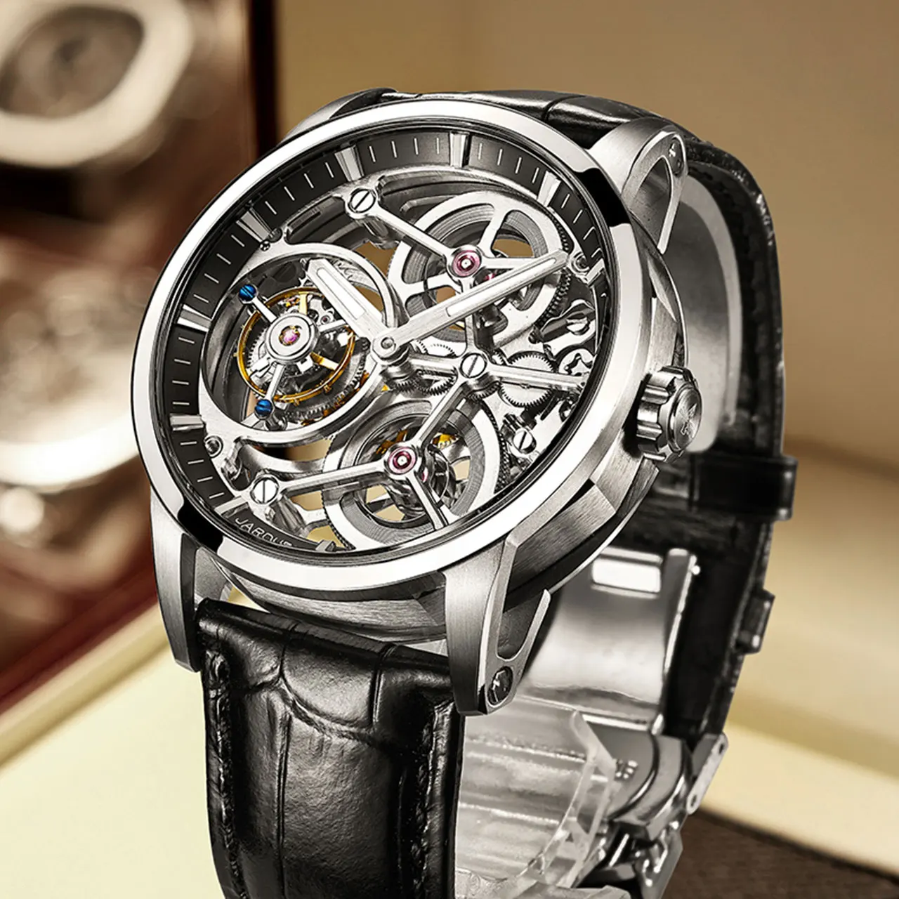 JINLERY Mechanical Watch for Men Luxury Tourbillon Hand Wind Watches Male Fashion Skeleton Wristwatch Waterproof Relogio Masculi