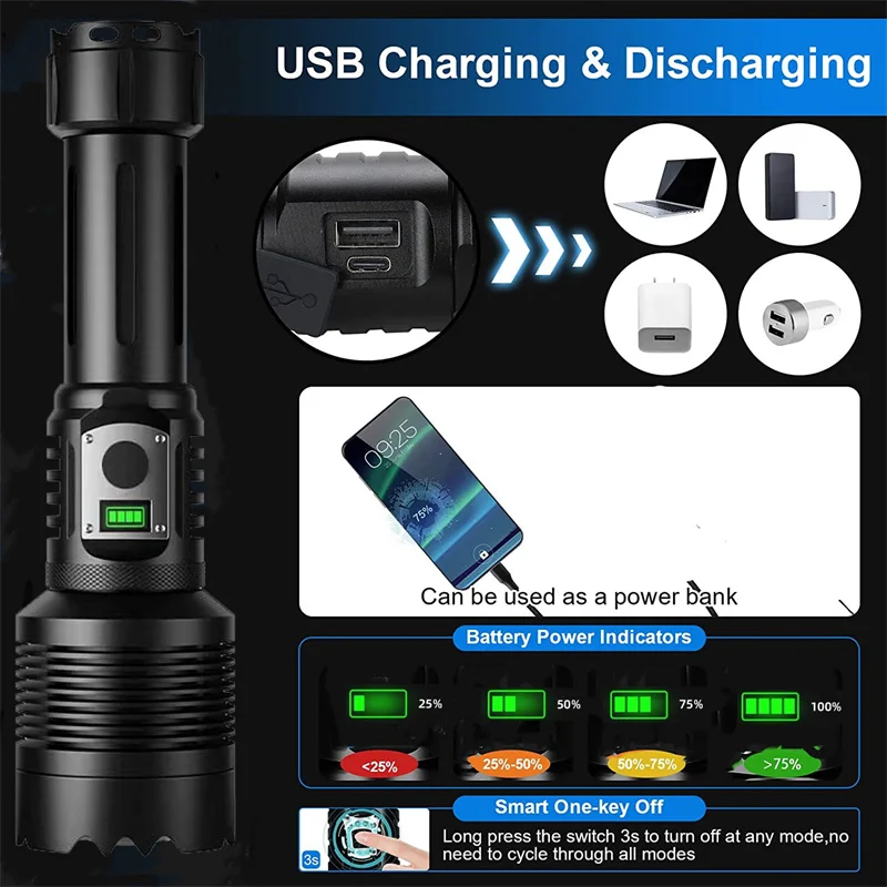 Lampe Torche LED 200000LM - Rechargeable USB, étanche - Neuf, Haute Puissance