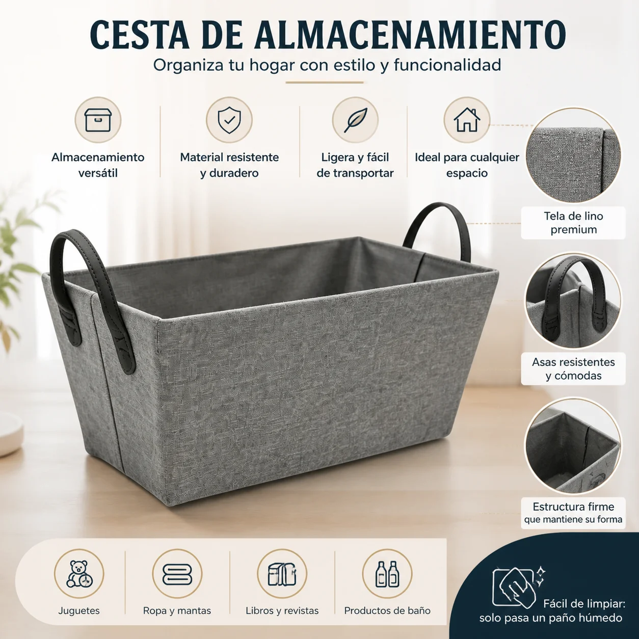 Polyester Storage Basket 40X15X20Cm Reinforced Pu Handles Rigid Structure Multipurpose for Toys Clothes Books Bathroom Bedroom 1