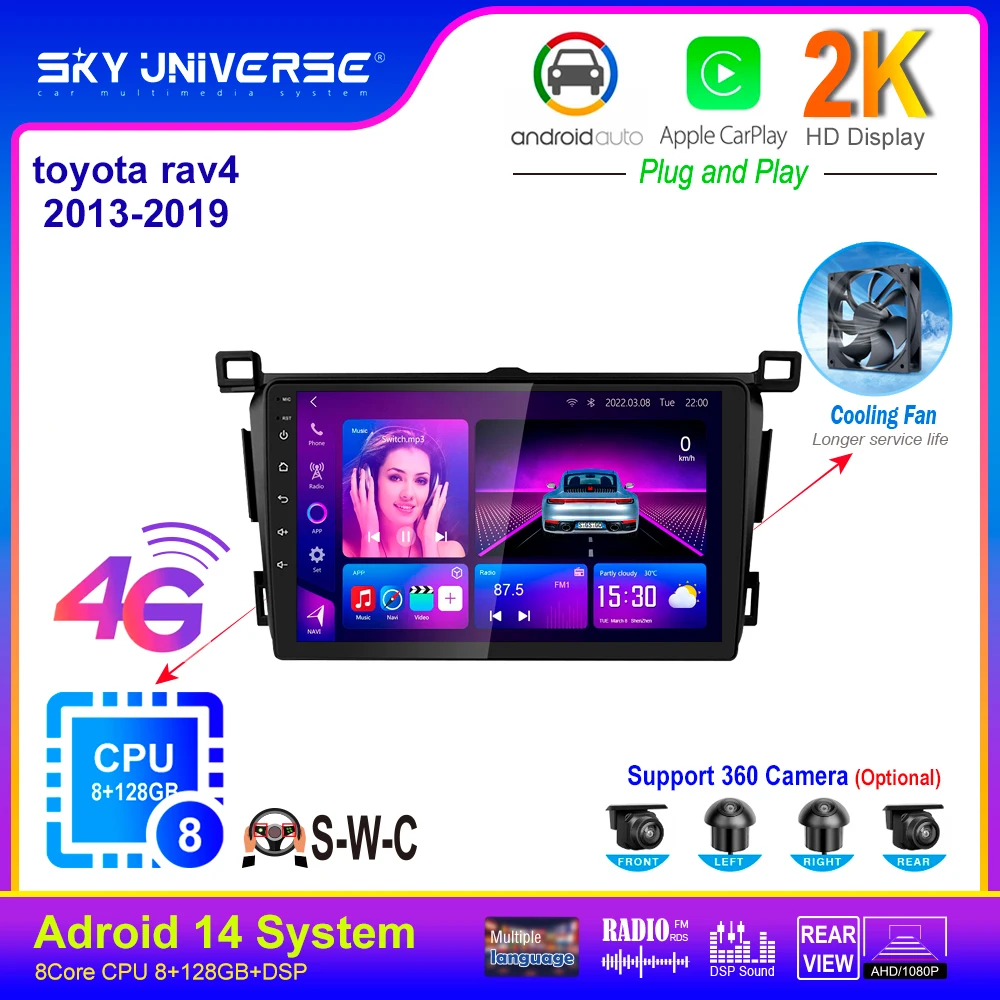 

Android 13 Carplay Car Radio For Toyota RAV4 Rav 4 2013 - 2019 Navigation GPS Multimedia Player wifi+4G BT DSP 2K Auto 2 DIN