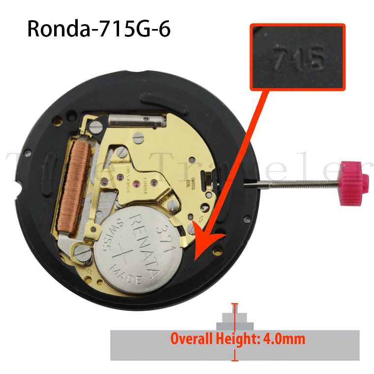 

Ronda 3 Hand Quartz Watch Movement HQ715G Gold Plates Date At 6:00 Overall Height 4.0mm