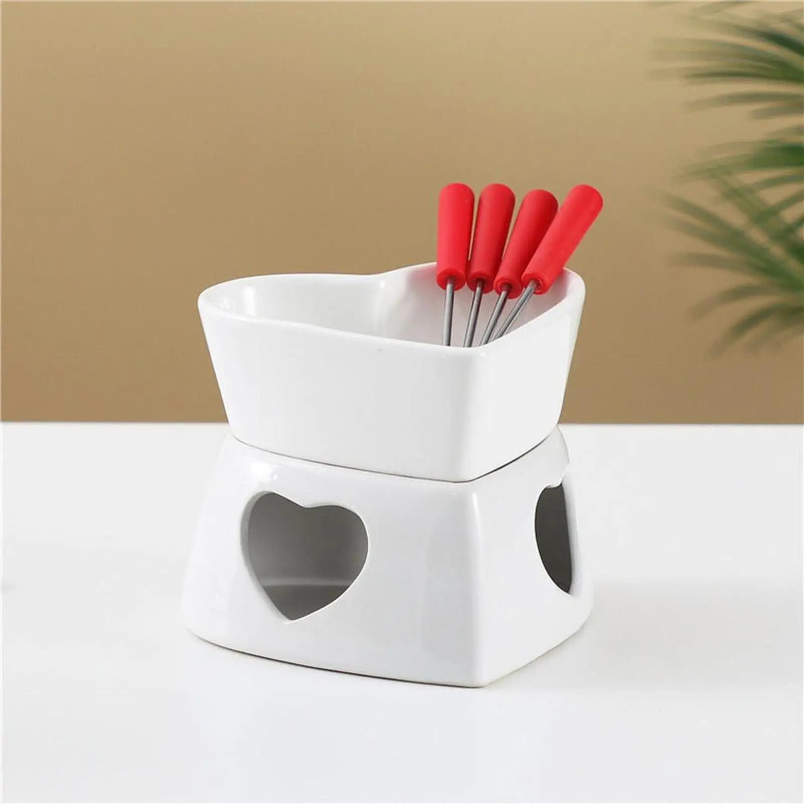 Pottery Fire Boiler Bowl Warmer DIY Crafting Ornament with 4 Forks Butter Mini Fondue Pot for Valentines Day Kitchen Home