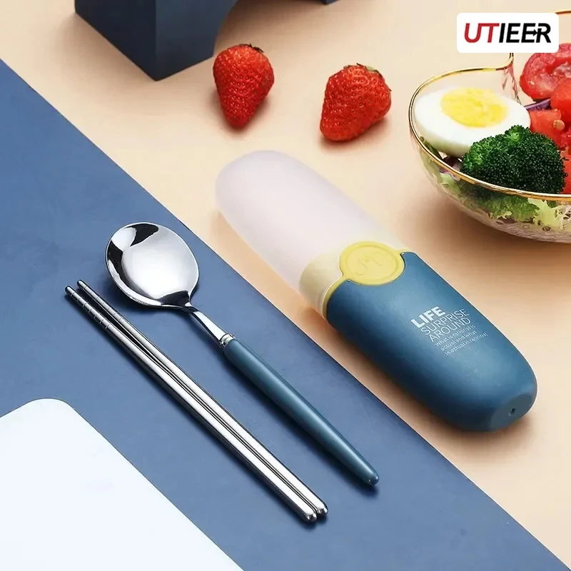 

Portable Travel Tableware Set Stainless Steel Dinnerware With Box Kitchen Chinese Chopsticks Spoon Dinner Set For Household