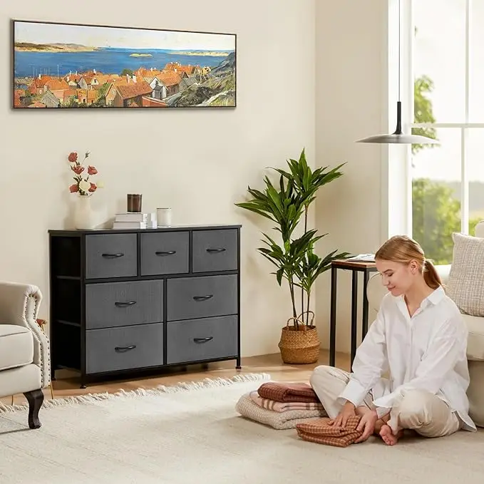Dresser for Bedroom, Storage Drawers, TV Stand Fabric Storage Tower with 7 Drawers, Chest of Drawers with Fabric Bins, Wooden T 2