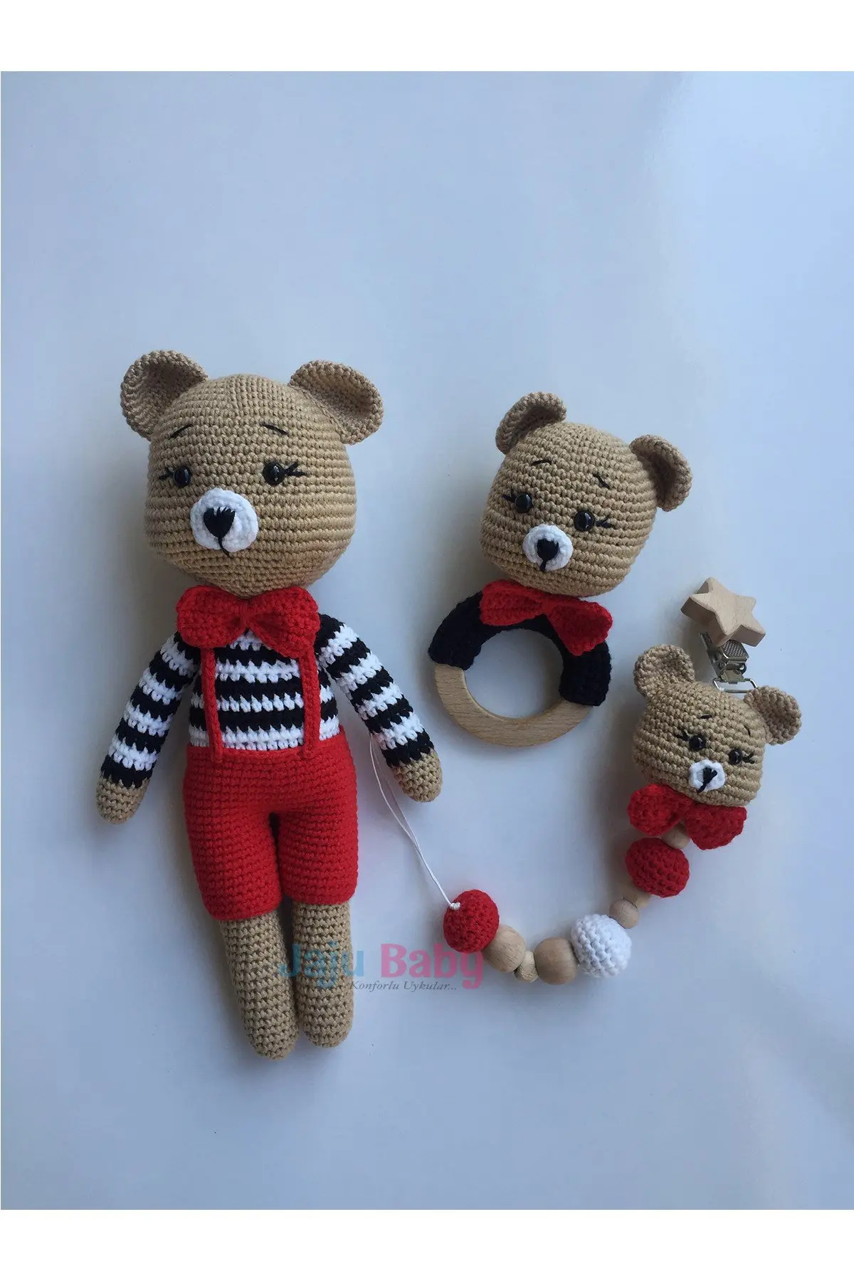 

Ручная работа Amigurumi красный Мишка Тедди 29 см погремушка и соска цепочка тройной набор