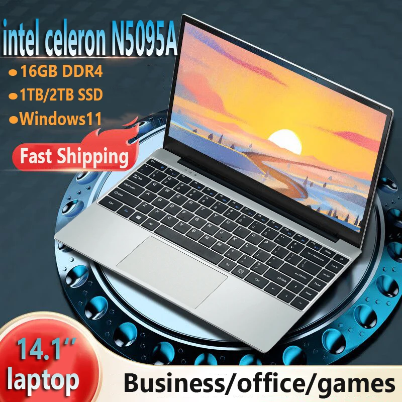 14.1″ Business Windows 11 Pro  Intel Core N5095 Study Laptop Computer Office Laptop Computer PC Gamer 16GB DDR4 1TB SSD Notebook