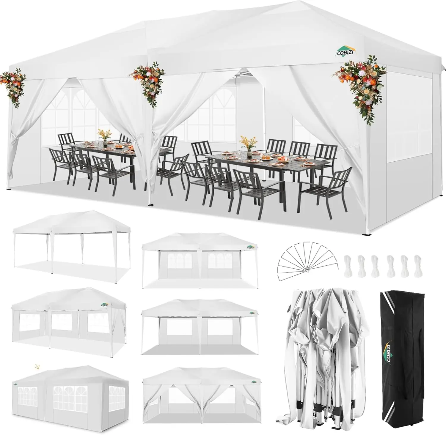 3x6m Folding Pavilion Waterproof Stable Party Tent with 6 Side Panels Pop-up Garden Canopy 3 Height Adjustable for Beach,Wedding