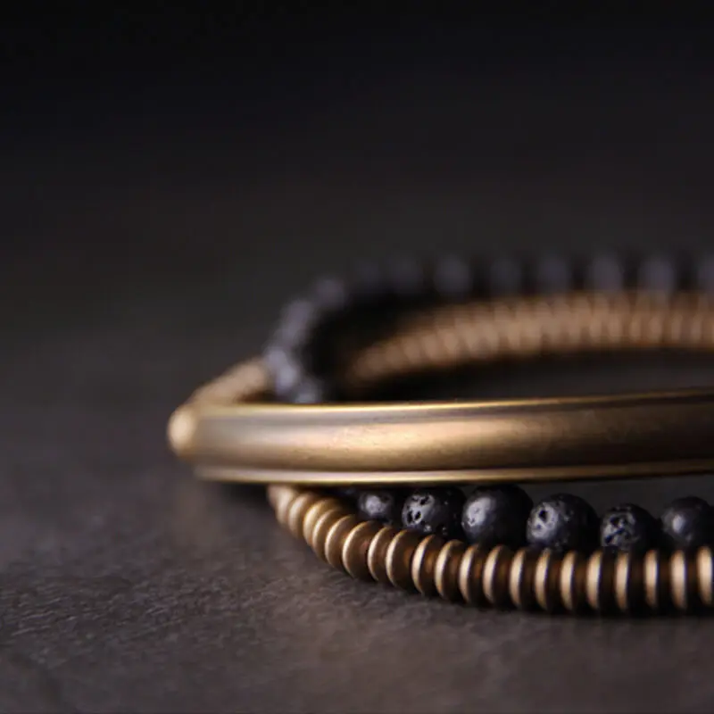 Metallic Brass Lava Stone Handmade Bracelet Multi Row Jewelry For Men Women Rock Street Hardwear Original Design Bangle