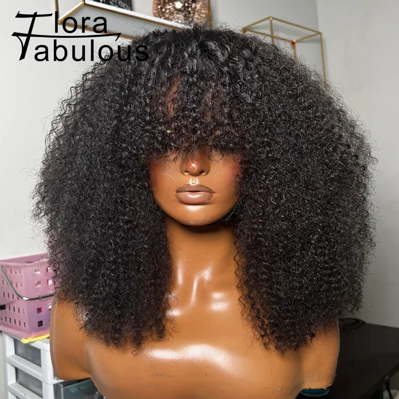 

Afro Kinky Curly Bob Wigs With Bangs Full Machine Made Glueless Wigs For Black Women Short Curly Brazilian Remy Human Hair Wigs