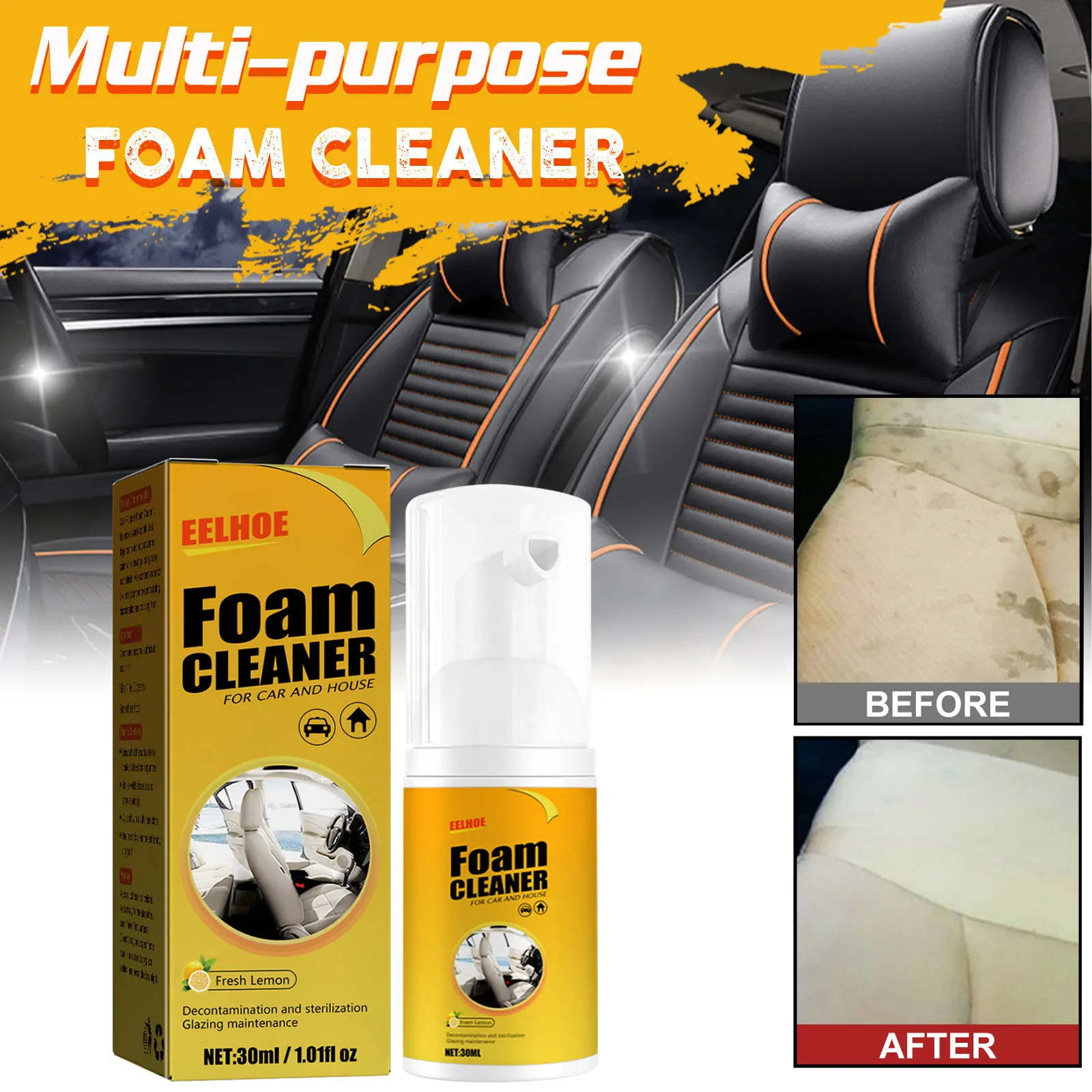 Eelhoe 30ml Car Foam Cleaner Spray Car Interior Leather Fabric Stain Remover Auto Decontamination Polishing Bubble Clean Spray