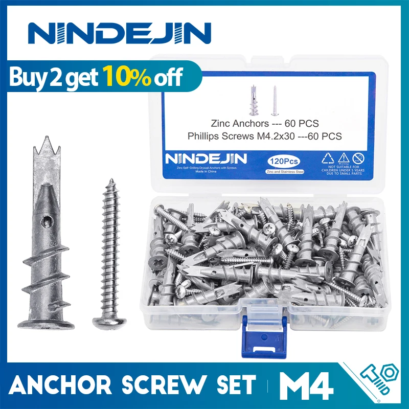 Zinc Anchors with Screws 60 Kits Self Drywall Hollow Wall Metal Anchor with Tapping Stainless Steel Screws 120 pcs 