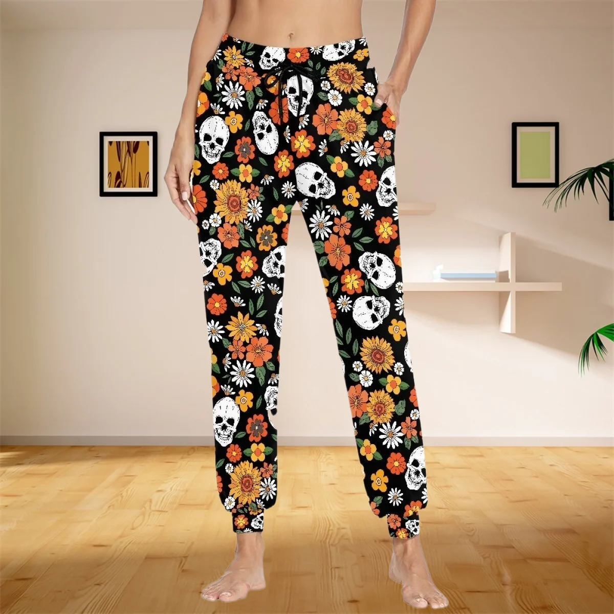 

Skeleton Flowers Print Women Men Casual Pants Cozy Soft Elasticity Sports Pant Unisex Joggers Streetwear Teenage Style Trousers