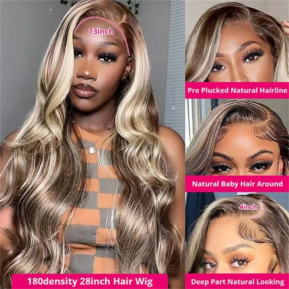 P4/613 HD Lace Frontal Wig Human Hair 200 Density Highlight Wig Body Wave Blonde Colored Human 13X4 Lace Front Wig Preplucked