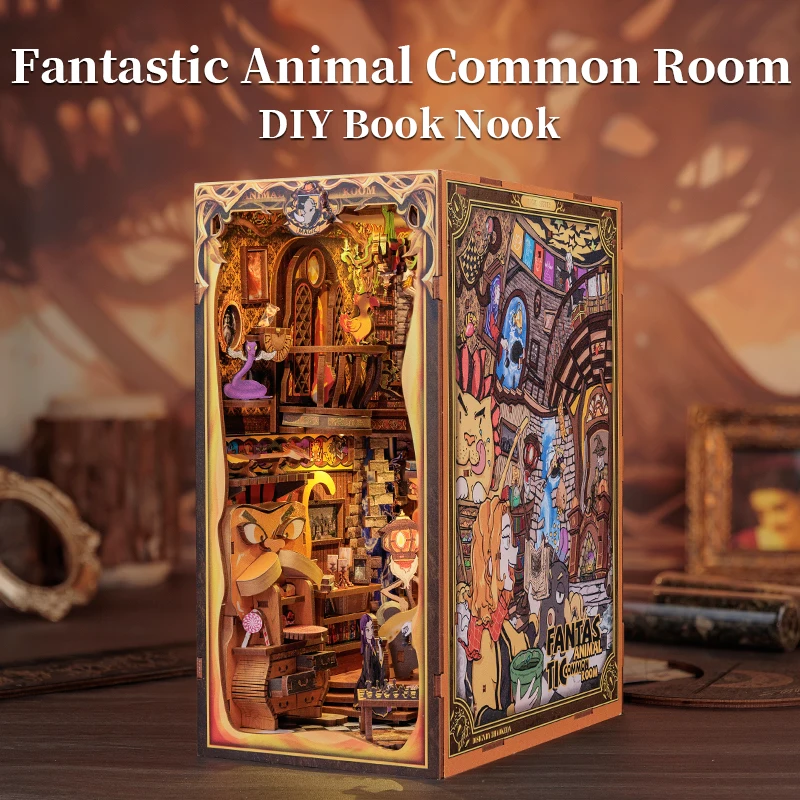 

CUTEBEE DIY Book Nook Wooden Dollhouse 3D Puzzle with Lights Magic Bookshelf Insert Decor for Gift Fantastic Animal Common Room