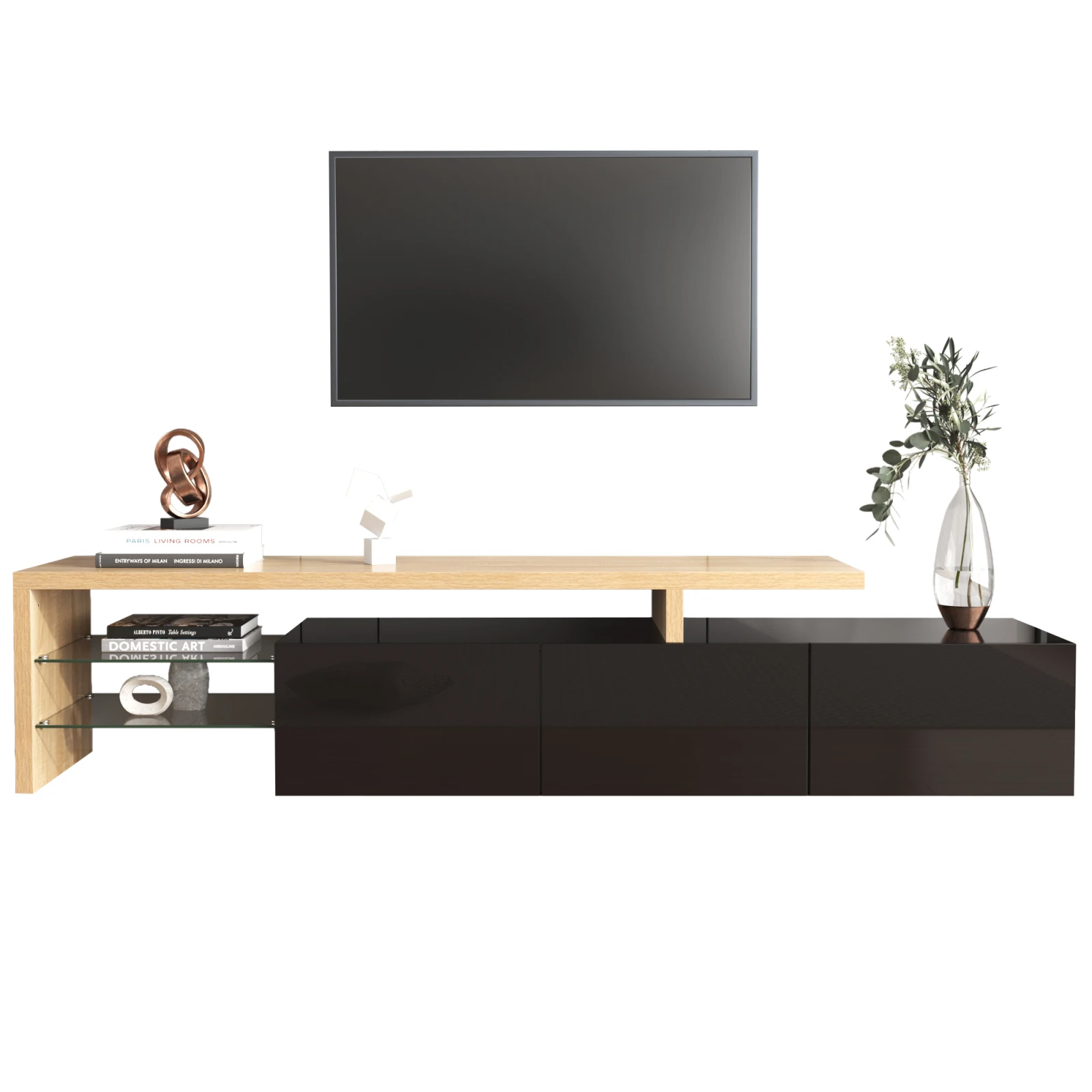 Rosahqnda Moderner TV-Schrank mit LED-Beleuchtung, stilvoller Eleganz-TV-Ständer mit Stauraum, Hochglanz- und Holzoptik, Glasregale – Detail 21