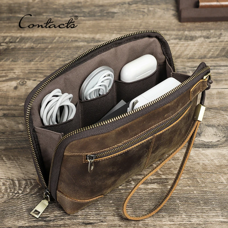 Contacts Men RFID Genuine Leather Clutch Bag Wallet Phone Holder