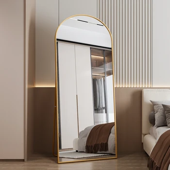 Specchio a tutta massa 180x80cm, specchio curvo con telaio in lega di alluminio dorato e vetro rinforzato, con ganci, specchio da pavimento grande HD 1