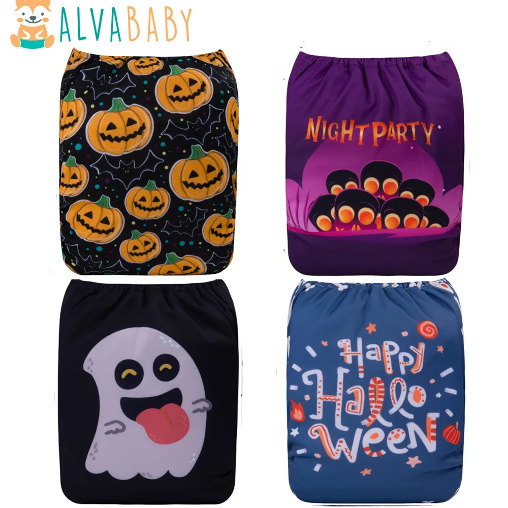 U 선택 ALVABABY 할로윈 인쇄 천 기저귀 재사용 천 기저귀 포켓 천 기저귀 스냅 조절 삽입 없음