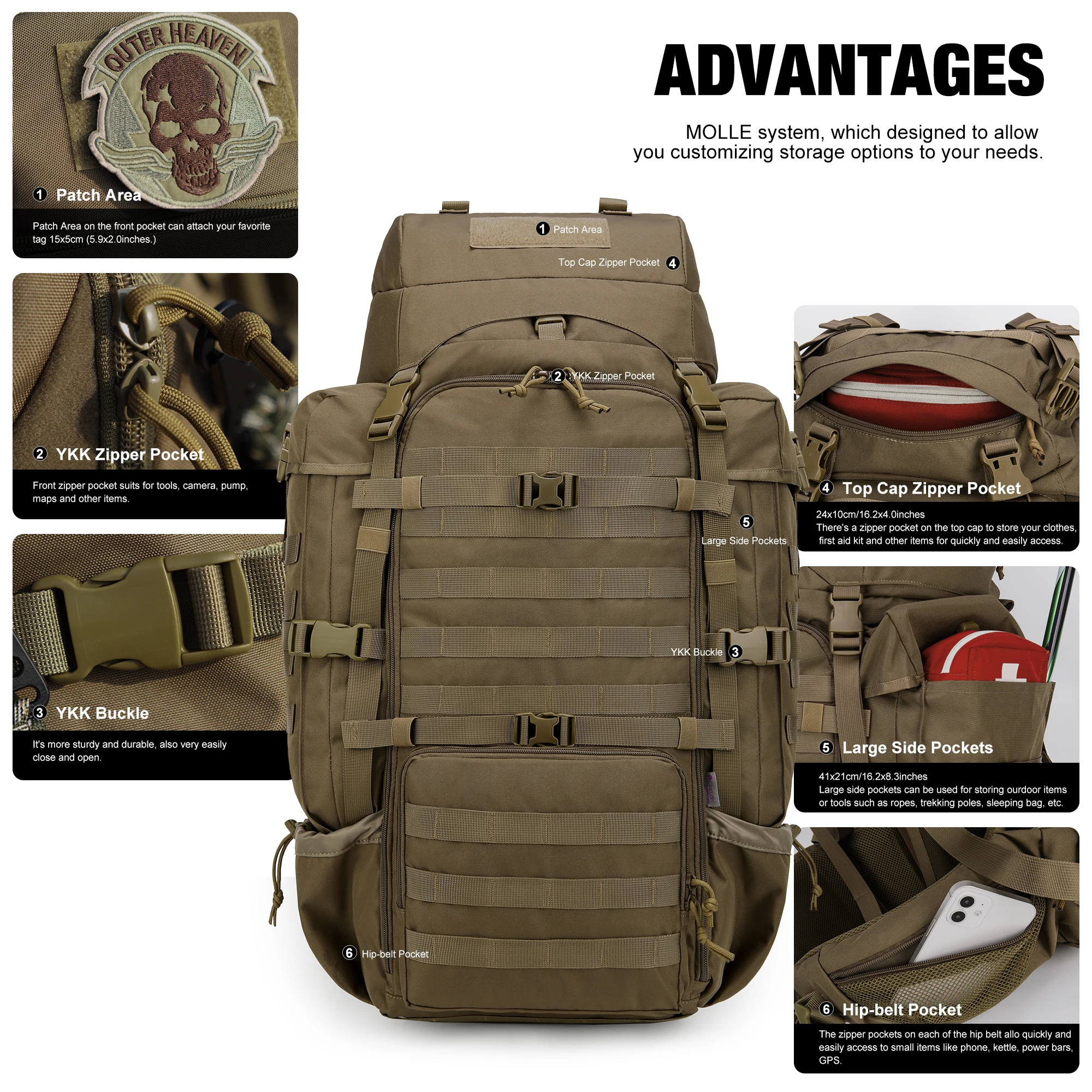 MARDINGTOP 70L Hiking Backpack with Rain Cover Internal Frame for Military Tactical Camping Hiking Bushcraft Backpacking