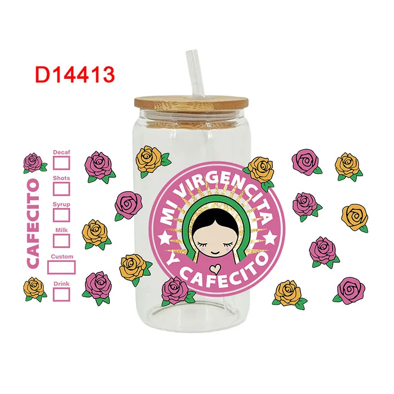 UV DTF Transfer Sticker Mexico Flowers 16oz Libbey Glasses Wraps Bottles Cup Can DIY Waterproof Decals D14413