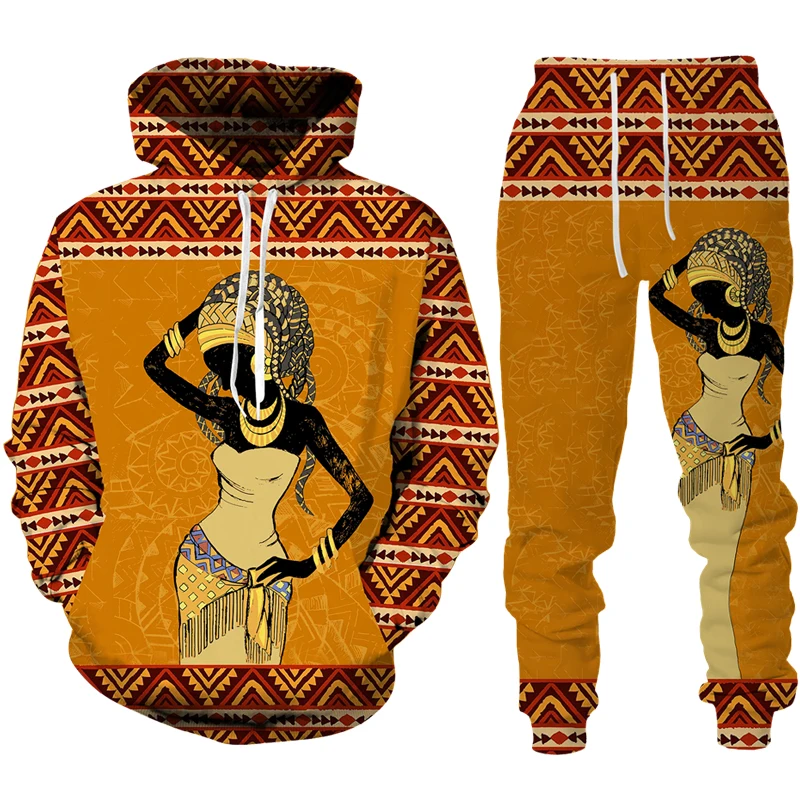 Newest African Female Print Two Piece Set Women/Men Casual Pullover Hoodie/Pants/Suit Ethnic Style Dashiki Tribal Couple Clothes