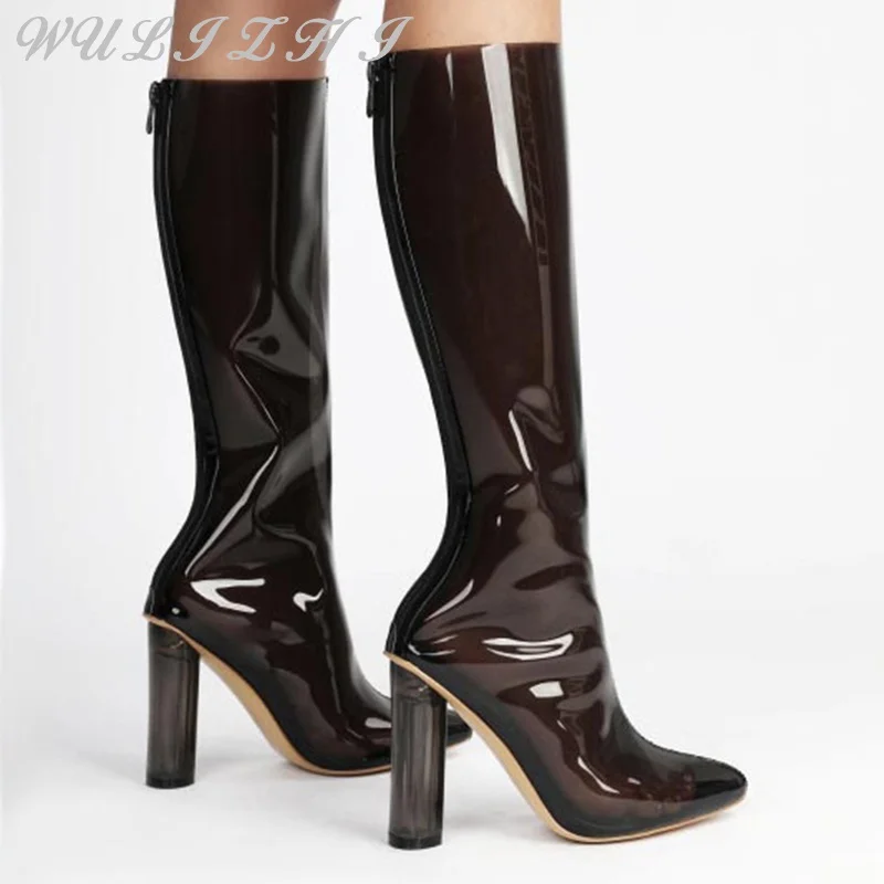Fashion Transparent Knee High Boots Pvc Spring New Women's Back Zipper Modern Boots Pointed Toe Thick Heel Waterproof Botas