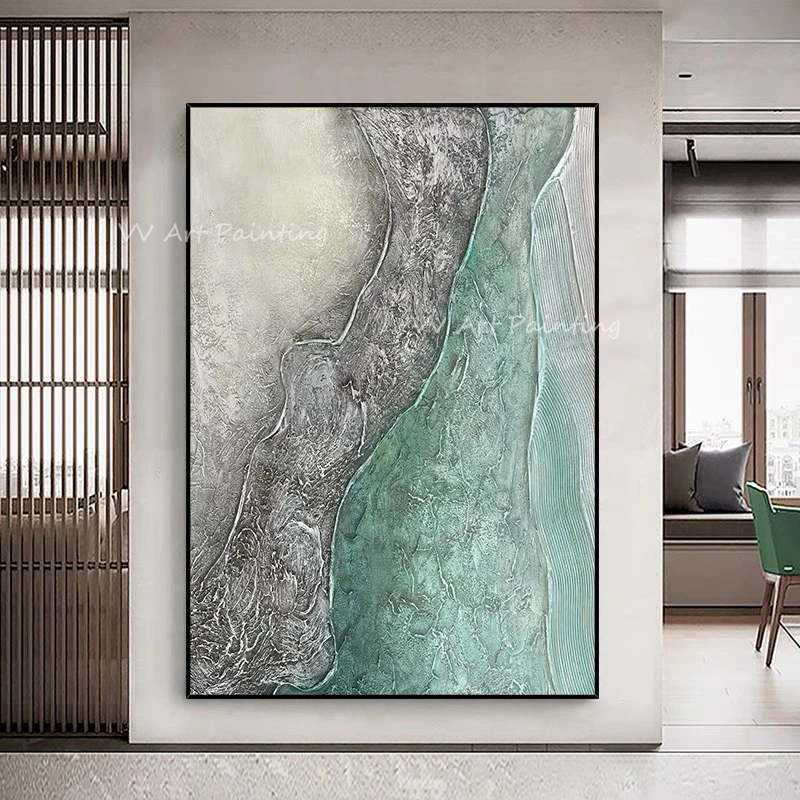 

Современная Абстрактная ручная работа океан Морской берег большой размер Толстая простая масляная живопись Чисто зеленого цвета Простой дизайн Настенная картина