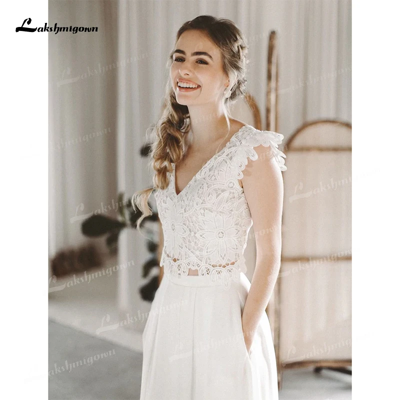 Simple Boho V-neck Sexy Open Back Button Lace Appliques Jumpsuit Wedding Dress Chiffon Bridal Gown Short Top Vestido Customized