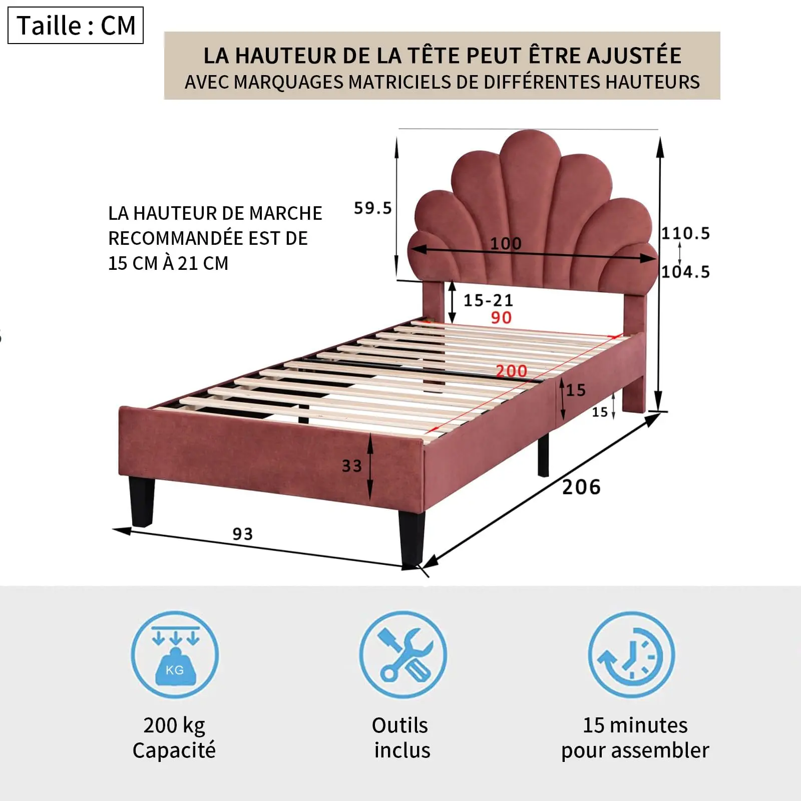 90x Einzelbett, Bettgestell für Kinder, 90x gepolstertes Bett mit verstellbarem Kopfteil aus Samtstoff mit Blumenmuster, ohne Matratze – Detail 2