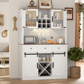 VOWNER Farmhouse Bar Cabinet with Sliding Barn Door, Sideboard Buffet Cabinet with Wine & Glasses Rack, Storage Cabinet for Kitc 3