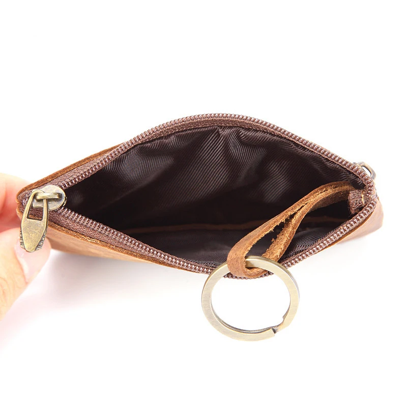 New Custom Name Simple Mini Retro Crazy Horse Leather Men's Small Coin Purse Double Zipper Key Bag Card Portable Pocket Wallet