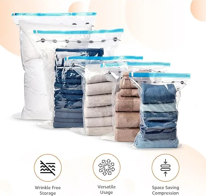 Vacuum Compression Storage Bags with Hand Pump, Multiple Pack of 12 (3 Jumbo, 3 Large, 3 Medium, 3 Small), Clear, Ideal for Trav 2