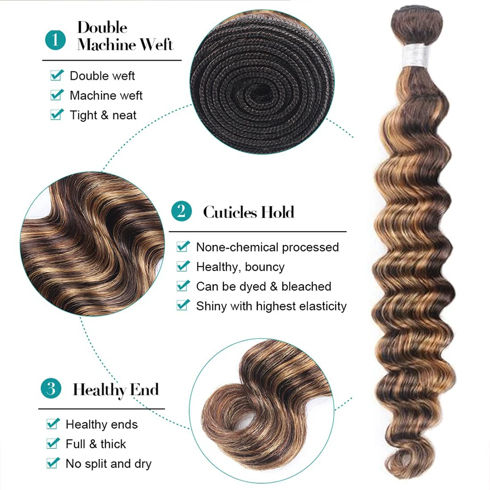 Highlight Bundles Human Hair Deep Wave Raw Human Hair Bundles 1/3/4 PC Ombre Honey Blonde Colored Brazilian Remy Hair Extension