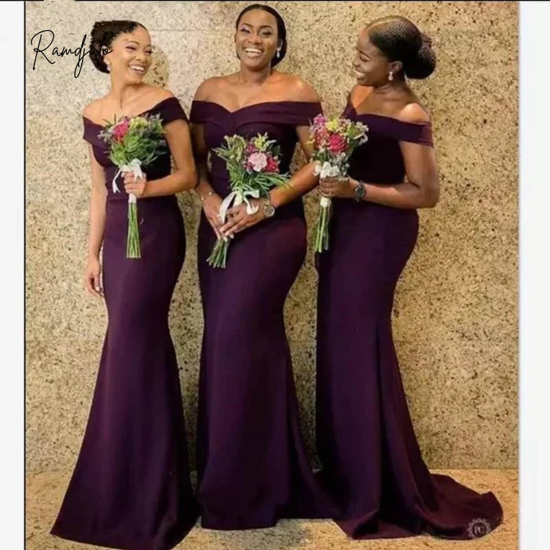 

Grape Long Bridesmaids Dresses Off the Shoulder Sweep Purple Indigo Maid of Honor Wedding Party Gowns Vestidos Invitados Pastel