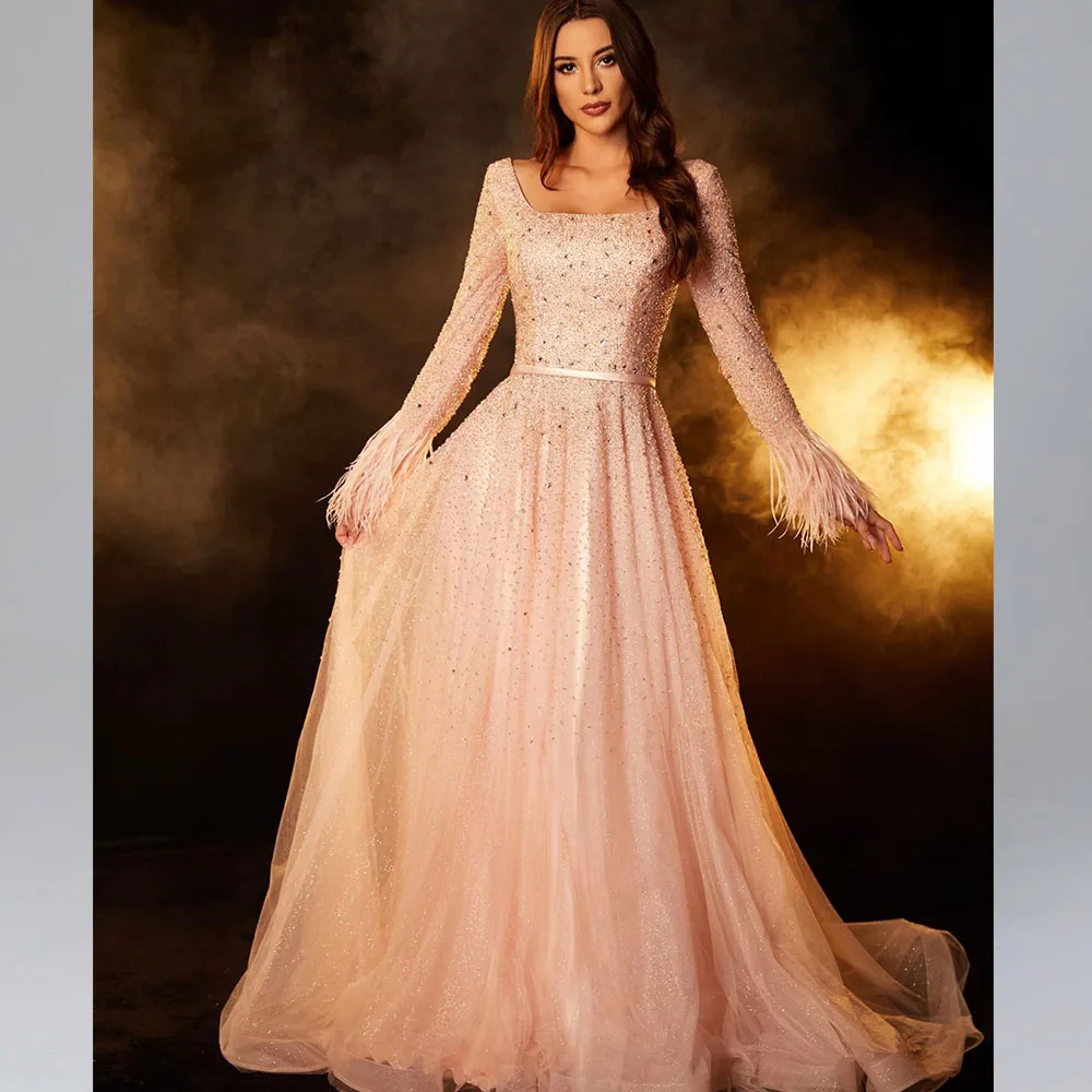

Luxury Prom Gown for Women Square Collar Full Sleeves A-line Sweep Train Elegant Evening Party Dresses فساتين للحفلات الراقصة