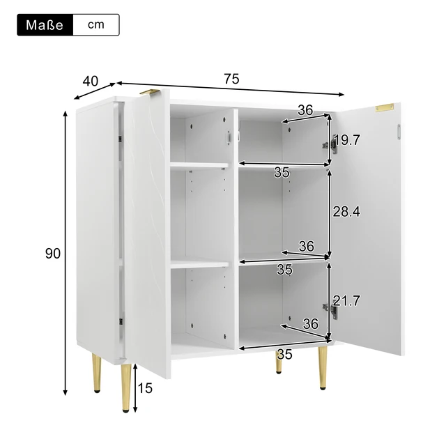Ingresso comodo Buffet 75x40x90 cm, 2 porte, 3 ripiani, 6 scomparti, per soggiorno, cucina, bagno e camera da letto, bianco 4